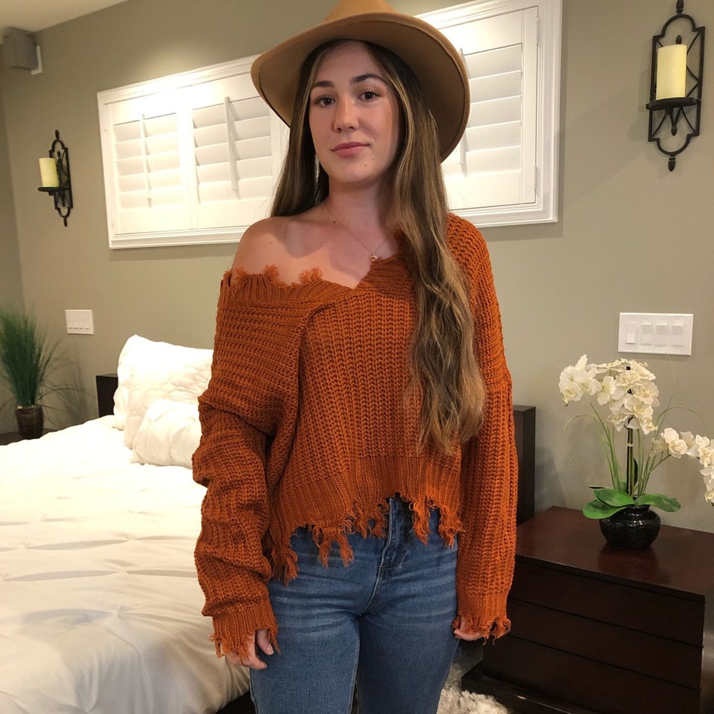 Burnt Orange Frayed Sweater